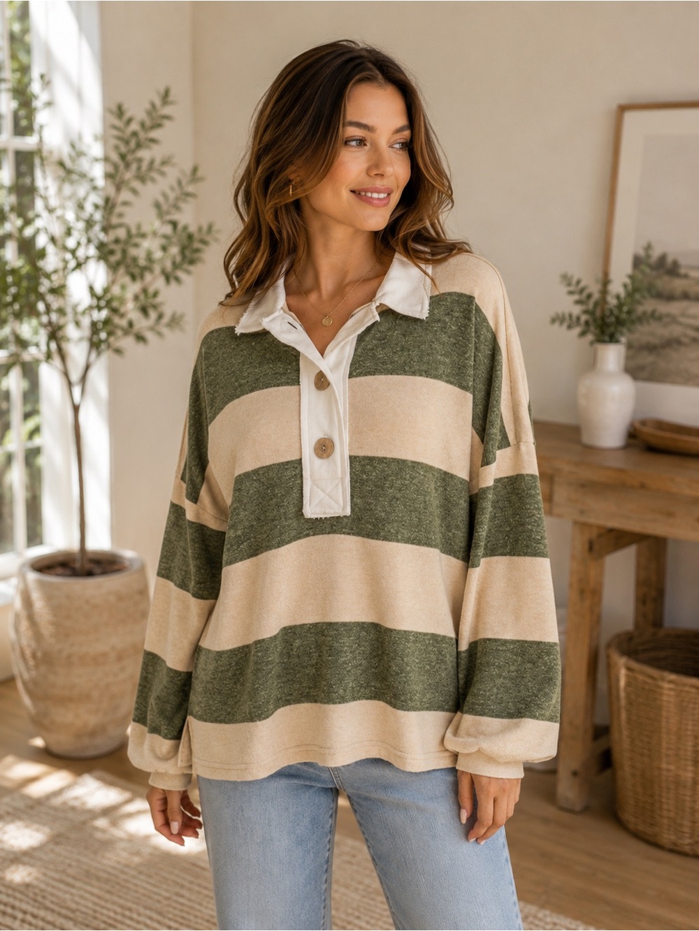 953. Women’s Olive Mushroom Striped Soft Pullover Rugby Sweater NEW